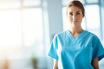 Fototapeta premium A confident female nurse in a blue scrub top stands in a bright medical facility.
