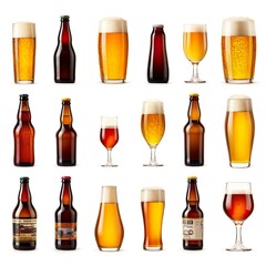 Collection of different beer bottles and glasses on a white background