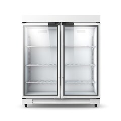 Front view fridge refrigerator chiller with transparent glass on a white background.