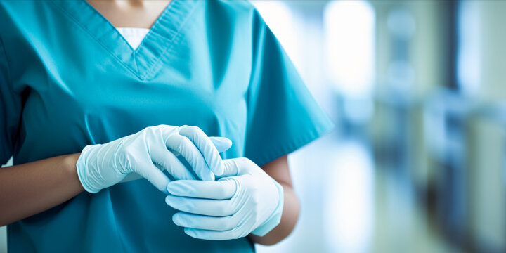 A healthcare professional is putting on sterile white gloves in a blue scrub uniform.