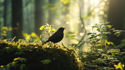  a bird is standing on a mossy rock in the middle of a forest with sunlight shining through the trees.