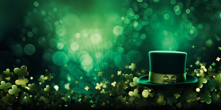 An artistic St. Patrick's Day themed background with a green hat and shamrocks. © Enigma
