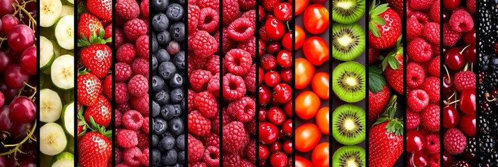 Berry products collage  diverse selection divided by white lines, brightly illuminated