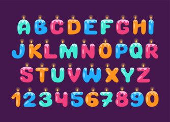 Birthday Candles Font. Cute Kids Party Alphabet. Children Funny Abc Typography Letters and Numbers. 