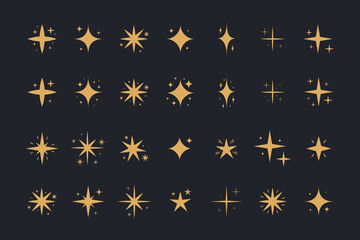 Sparkling Stars Collection Gold Colored. Cute Decorative Sparkles. Vector Illustration of Cartoon Shiny Glittering Twinkles. - obrazy, fototapety, plakaty