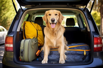 Golden Retriever sitting in the back of a car with luggage