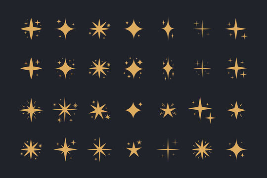 Sparkling Stars Collection Gold Colored. Cute Decorative Sparkles. Vector Illustration of Cartoon Shiny Glittering Twinkles.