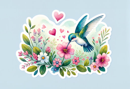 Colorful bird with flowers. Watercolor sticker design. Image for greeting card design for Valentine's Day or Mother's Day, for wedding invitations or anniversary cards. Print for nursery decor