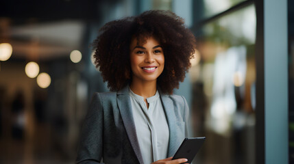 Positive african american business lady using digital tablet