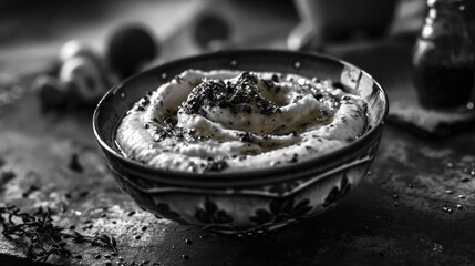  a black and white photo of a bowl of mashed potatoes with broccoli sprinkled on top. - obrazy, fototapety, plakaty