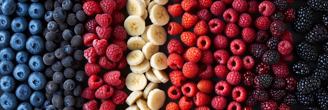 Assorted Berry Products Collage With White Vertical Lines On Brightly Lit White Background