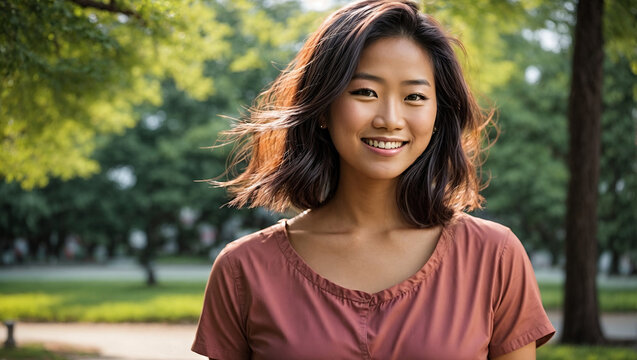 young asian woman smiling in park