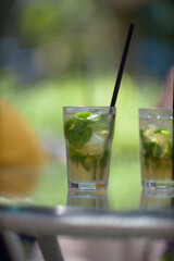 Refreshing green lemonade in a glass on the table against the background of nature. Freshly squeezed drinks with ice. Lemonade with lemon, mint lime and herbs