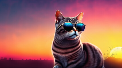 4K funny cute cat wearing sunglasses with sunset in the background