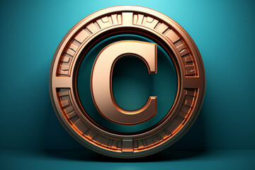 Art deco 3D render of the letter "C" isolated on a solid teal background
