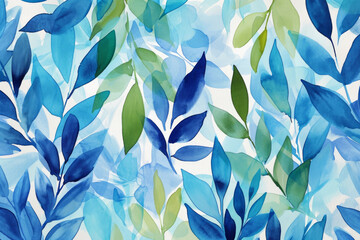 Cool toned leaf watercolor pattern, fresh spring foliage wallpaper, blue and green leaves, hand-painted botanical background.