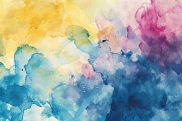 Vibrant watercolor splash in blues, pinks, and yellows, abstract background, artistic brush strokes, colorful ink blending.