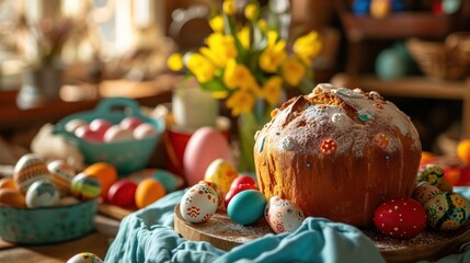  a table topped with a cake covered in frosting next to other decorated eggs and other colorfully colored eggs.