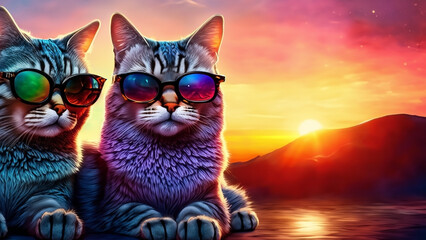 4K funny cute cat wearing sunglasses with sunset in the background