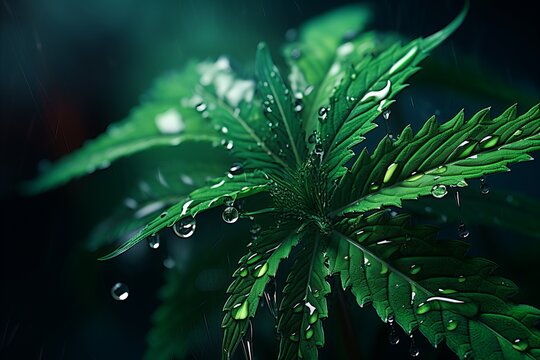 Surreal ultra hd marijuana leaves with dew drops on large screen in morning misty ambiance