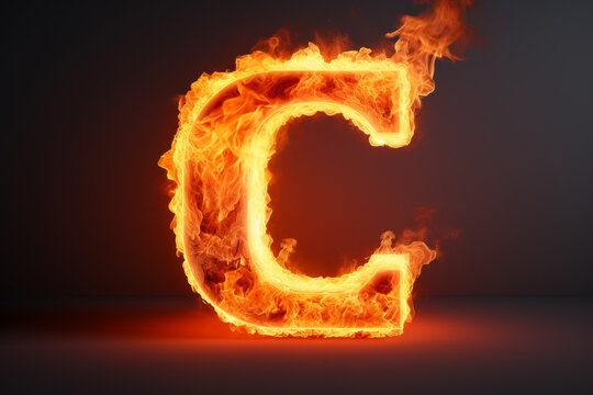 Firey 3D render of the letter "C" isolated on a solid black background