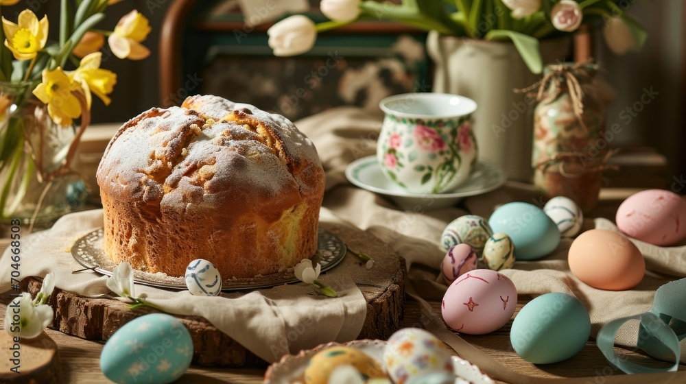 Sticker a bundt cake sitting on top of a wooden table next to a cup of coffee and a vase of flowers.