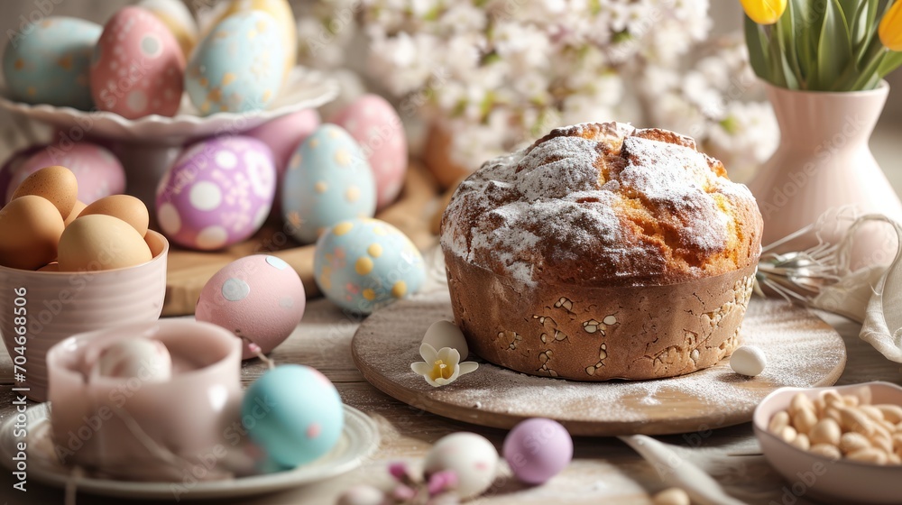 Wall mural  a table topped with a loaf of bread covered in powdered sugar next to a bowl of eggs and a vase of flowers.