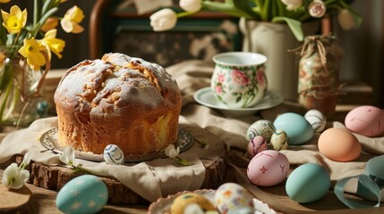  a bundt cake sitting on top of a wooden table next to a cup of coffee and a vase of flowers.