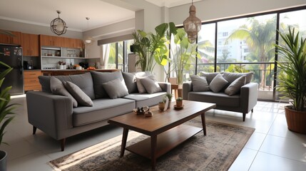 Modern living room interior with large windows and plants