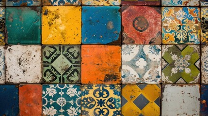  a close up of a multicolored tile wall with different shapes and sizes of tiles on top of each other.