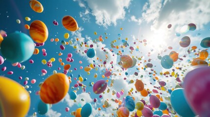  a bunch of balloons floating in the air with a blue sky in the back ground and clouds in the background.