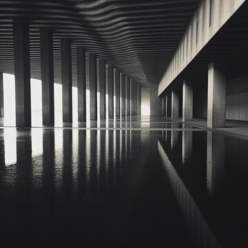 Black and white photo of a long concrete building with water on the floor