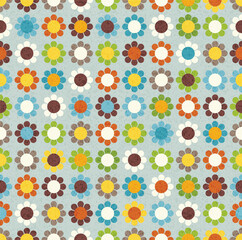 Seamless abstract mid century modern pattern for backgrounds, fabric design, wrapping paper. Retro 1960s daisy design. Vector illustration.