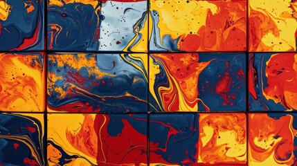  an abstract painting of orange, blue, yellow and red colors on a tile wall with a red circle in the middle of the picture.