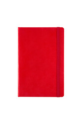 Textured closed red blank paper notebook planner isolated on transparent png background. Design template of copybook with elastic band for mockup. Top view.