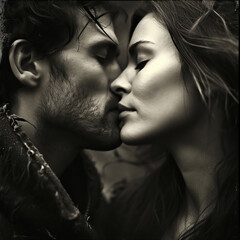 Portrait of a man and a woman in love with closed eyes close to each other. Passion and love concept.