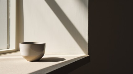  a white cup sitting on top of a window sill next to a window sill with a shadow cast on it.