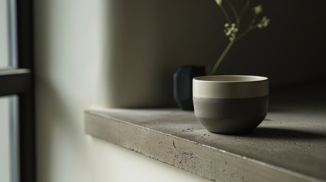  a white bowl sitting on top of a window sill next to a vase with a green plant in it.