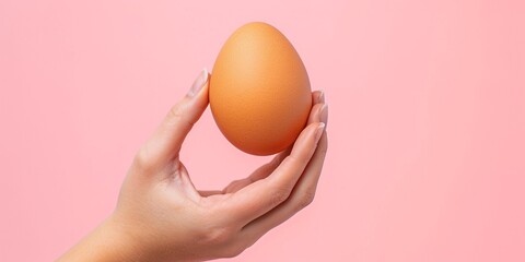 Female hand holding raw brown eggs. Spring, a product for Easter background, pastel pink easter background with copy space. - obrazy, fototapety, plakaty