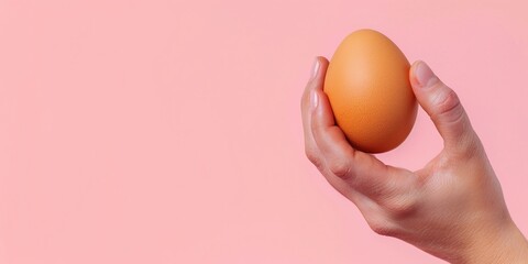 Female hand holding raw brown eggs. Spring, a product for Easter background, pastel pink easter background with copy space. - obrazy, fototapety, plakaty