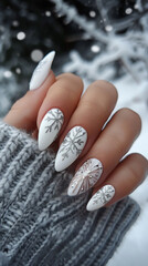 Winter snowflakes white-black manicure idea. Perfect long nails.