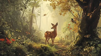 Foto op Aluminium  a painting of a deer standing in the middle of a forest with a bird flying over the top of it. © Anna