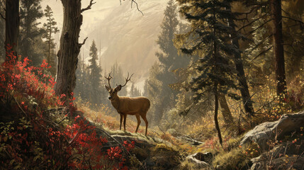  a painting of a deer standing in the middle of a forest with red flowers in the foreground and a mountain in the background.
