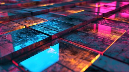  a close up of a tiled floor with a blue and pink light in the middle of the floor and a blue and pink light in the middle of the floor.