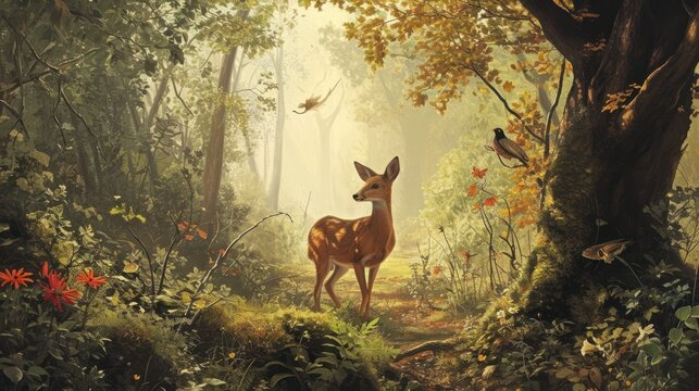  a painting of a deer standing in the middle of a forest with a bird flying over the top of it.