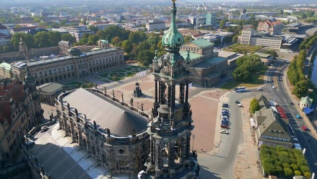 Zwinger, Opera Church at River City Dresden. Spectacular aerial top view drone