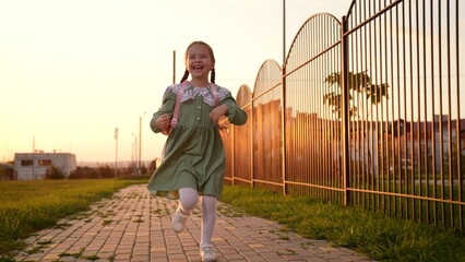 happy face child, child runs from class, schoolgirl runs street, child, happy girl runs, kid, girl,...
