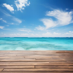 Fototapeta premium Wooden dock over calm blue ocean with white clouds in the sky
