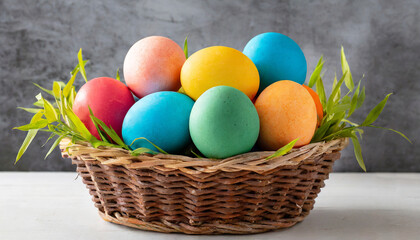 Fototapeta na wymiar Colorful dyed Easter eggs in woven wick basket. Pastel painted hard-boiled eggs for holiday Easter breakfast brunch or lunch with cute decorations for spring. Minimalistic Easter concept. 