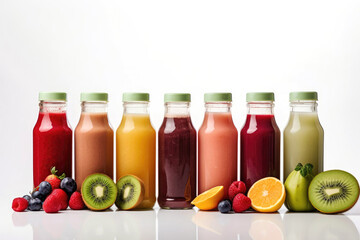 Seven colorful smoothies in glass bottles on the white background with the fruit in the front